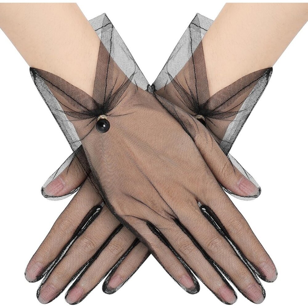 Women's Black Banquet Tulle Short Lace Gloves Summer Party Wedding Dancing Prom